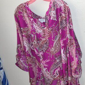 Chiffon Plum Paisley V-neck Blouse Roll Tab Sleeve Plus Size 2X